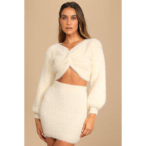 Lulus Snowy Kisses Cream Twist-front Two-piece Mini Sweater Dress Beige - Size M